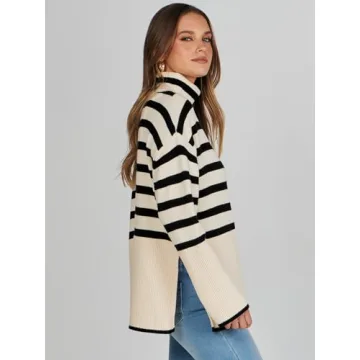 ANRABESS Womens Oversized Turtleneck Sweaters 2024 Long Sleeve Split Hem Knit Striped Pullover Sweater Top Casual Trendy Fall Outfits Black-Khaki Small