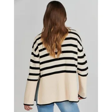 ANRABESS Womens Oversized Turtleneck Sweaters 2024 Long Sleeve Split Hem Knit Striped Pullover Sweater Top Casual Trendy Fall Outfits Black-Khaki Small