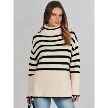 ANRABESS Womens Oversized Turtleneck Sweaters 2024 Long Sleeve Split Hem Knit Striped Pullover Sweater Top Casual Trendy Fall Outfits Black-Khaki Small