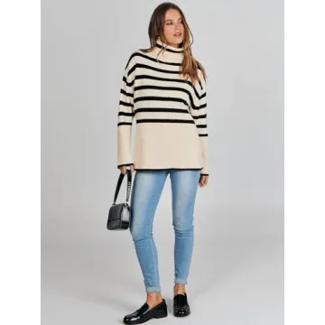 ANRABESS Womens Oversized Turtleneck Sweaters 2024 Long Sleeve Split Hem Knit Striped Pullover Sweater Top Casual Trendy Fall Outfits Black-Khaki Small