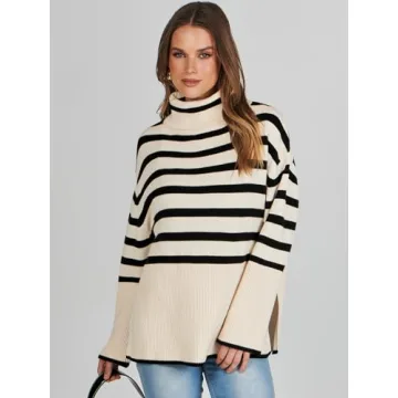 ANRABESS Womens Oversized Turtleneck Sweaters 2024 Long Sleeve Split Hem Knit Striped Pullover Sweater Top Casual Trendy Fall Outfits Black-Khaki Small