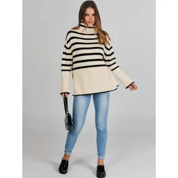 ANRABESS Womens Oversized Turtleneck Sweaters 2024 Long Sleeve Split Hem Knit Striped Pullover Sweater Top Casual Trendy Fall Outfits Black-Khaki Small