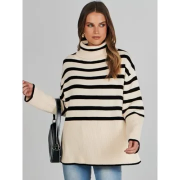 ANRABESS Womens Oversized Turtleneck Sweaters 2024 Long Sleeve Split Hem Knit Striped Pullover Sweater Top Casual Trendy Fall Outfits Black-Khaki Small