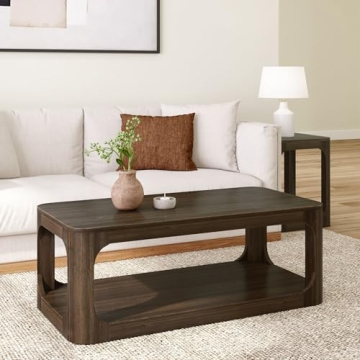 Plank+Beam Forma Coffee Table, Solid Wood 48 Inch Modern Coffee Table with Shelf, Contemporary Cente...