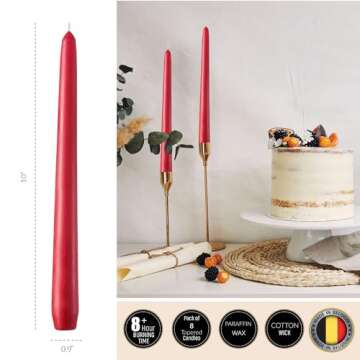 Luxurious 10" Red Taper Candles, 8 Pack Long Red Candlesticks for Creating a Bold and Vibrant Atmosp...