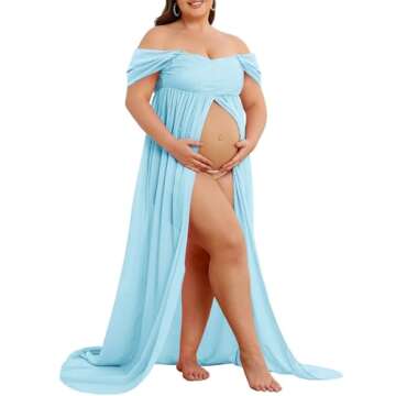 Maternity Dress for Photoshoot Off Shoulder Chiffon Gown Split Front Maxi Pregnancy Dresses for Phot...