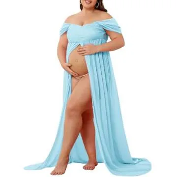Maternity Dress for Photoshoot Off Shoulder Chiffon Gown Split Front Maxi Pregnancy Dresses for Photography Sky Blue S