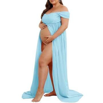 Maternity Dress for Photoshoot Off Shoulder Chiffon Gown Split Front Maxi Pregnancy Dresses for Photography Sky Blue S