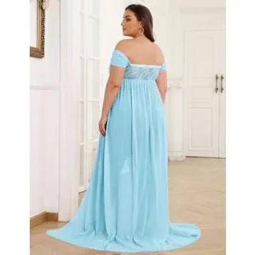 Maternity Dress for Photoshoot Off Shoulder Chiffon Gown Split Front Maxi Pregnancy Dresses for Photography Sky Blue S