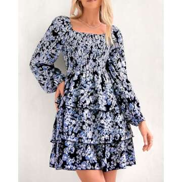 BTFBM Women Square Neck Smocked Dresses 2025 Summer Fall Long Sleeve Floral Swiss Dot Mini Boho Wedd...