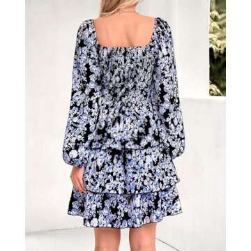 BTFBM Women Square Neck Smocked Dresses 2025 Summer Fall Long Sleeve Floral Swiss Dot Mini Boho Wedding Guest Dress(Floral Black White, Medium)