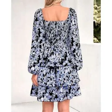 BTFBM Women Square Neck Smocked Dresses 2025 Summer Fall Long Sleeve Floral Swiss Dot Mini Boho Wedding Guest Dress(Floral Black White, Medium)