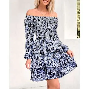 BTFBM Women Square Neck Smocked Dresses 2025 Summer Fall Long Sleeve Floral Swiss Dot Mini Boho Wedding Guest Dress(Floral Black White, Medium)