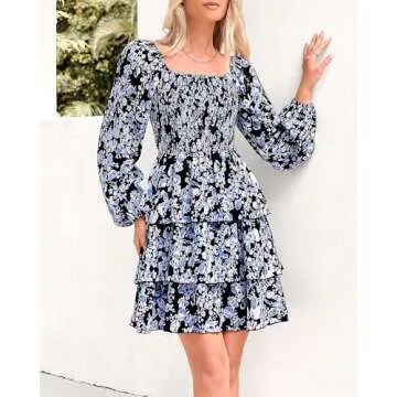 BTFBM Women Square Neck Smocked Dresses 2025 Summer Fall Long Sleeve Floral Swiss Dot Mini Boho Wedding Guest Dress(Floral Black White, Medium)