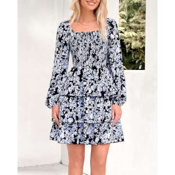 BTFBM Women Square Neck Smocked Dresses 2025 Summer Fall Long Sleeve Floral Swiss Dot Mini Boho Wedding Guest Dress(Floral Black White, Medium)