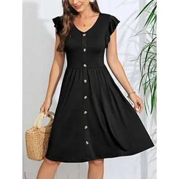 Lamilus Ruffle Sleeve Dress Button Down Dresses Women's Summer Elegant V-Neck Solid Casual Flared A-Line Swing Dress(XL,Black-026)