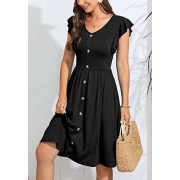 Lamilus Ruffle Sleeve Dress Button Down Dresses Women's Summer Elegant V-Neck Solid Casual Flared A-Line Swing Dress(XL,Black-026)