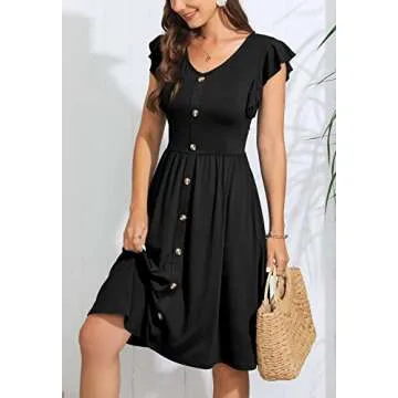 Lamilus Ruffle Sleeve Dress Button Down Dresses Women's Summer Elegant V-Neck Solid Casual Flared A-Line Swing Dress(XL,Black-026)