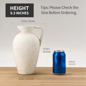 LUKA Ceramic Rustic Farmhouse Vase,9.25 inch Terracotta Vase with Handle,Neutral Tall Clay Vases Decorative Vase for Living Room,Table,Shelf Decor(Off-White,L)