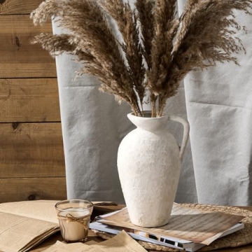 LUKA Ceramic Rustic Farmhouse Vase,9.25 inch Terracotta Vase with Handle,Neutral Tall Clay Vases Decorative Vase for Living Room,Table,Shelf Decor(Off-White,L)