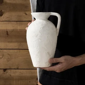 LUKA Ceramic Rustic Farmhouse Vase,9.25 inch Terracotta Vase with Handle,Neutral Tall Clay Vases Decorative Vase for Living Room,Table,Shelf Decor(Off-White,L)