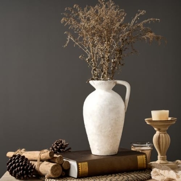 LUKA Ceramic Rustic Farmhouse Vase,9.25 inch Terracotta Vase with Handle,Neutral Tall Clay Vases Decorative Vase for Living Room,Table,Shelf Decor(Off-White,L)