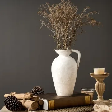 LUKA Ceramic Rustic Farmhouse Vase,9.25 inch Terracotta Vase with Handle,Neutral Tall Clay Vases Decorative Vase for Living Room,Table,Shelf Decor(Off-White,L)