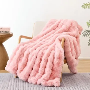 Smoofy Faux Fur Blanket Rabbit Fleece - Blush Pink Fluffy Blanket for Sofa, Cozy Soft Plush Throw Bl...
