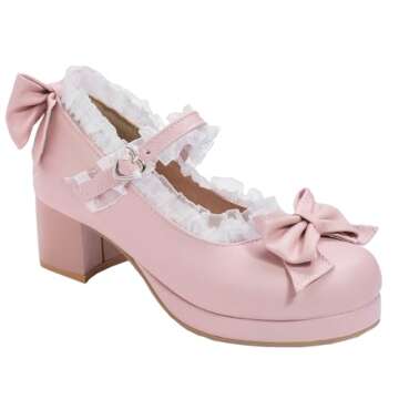 LUXMAX Women Kawaii Mid Block Heel Mary Jane Rockabilly Pumps with Bow Platform Chunky Heel Cute Sweet Shoes, Size 8 M US,Pink