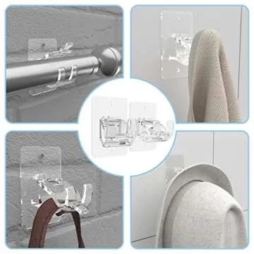 Wabboreq 8PCS No Drill Curtain Rod Brackets, Self-Adhesive, Universal, Plastic & Stainless Steel, Wall Mount, Transparent