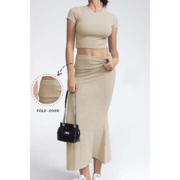 CHYRII Womens Two Piece Sets Short Sleeve Crewneck Cropped Top Bodycon Fold Over Maxi Skirt Maxi Dre...