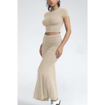 CHYRII Womens Two Piece Sets Short Sleeve Crewneck Cropped Top Bodycon Fold Over Maxi Skirt Maxi Dress Outfits Apricot S