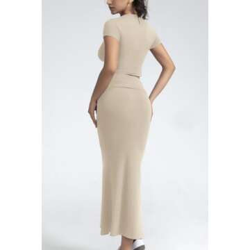 CHYRII Womens Two Piece Sets Short Sleeve Crewneck Cropped Top Bodycon Fold Over Maxi Skirt Maxi Dress Outfits Apricot S