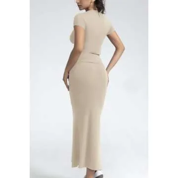 CHYRII Womens Two Piece Sets Short Sleeve Crewneck Cropped Top Bodycon Fold Over Maxi Skirt Maxi Dress Outfits Apricot S