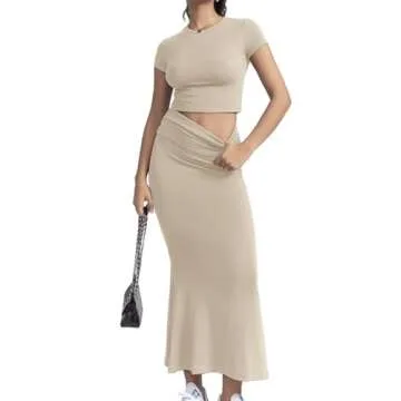 CHYRII Womens Two Piece Sets Short Sleeve Crewneck Cropped Top Bodycon Fold Over Maxi Skirt Maxi Dress Outfits Apricot S