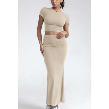 CHYRII Womens Two Piece Sets Short Sleeve Crewneck Cropped Top Bodycon Fold Over Maxi Skirt Maxi Dress Outfits Apricot S