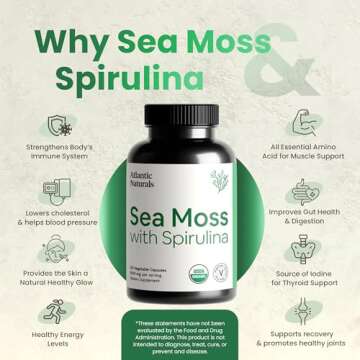 Atlantic Naturals Sea Moss with Spirulina Superfood Capsules - Multivitamin Supplement Supports Healthy Iron and Immune Health, Alternative to Seamoss Gel and Powder - Irish Sea Moss Capsules (120 ct)