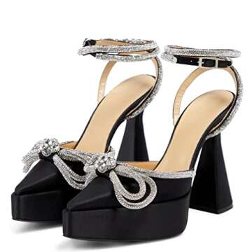 Elegant Arqa Rhinestone Bow Chunky Heel Wedding Pumps