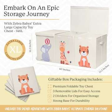 Zebra Baby Toy Storage Organizer for Kids, Toddlers 40" x 13.5" x 16.5" - Large Toy Chest, Toybox for Living Room - Collapsible Toy Box for Boys, Girls - Boxes, Bins, Organizers for Toys, Extra Big