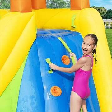 Bestway H2OGO Mount Splashmore Kids Inflatable Outdoor Backyard Water Slide Splash Park with Climbing Wall, Slide, Splash Zone, and Spray Blaster