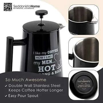 SeddonistaHome French Press Coffee Maker - 34oz Thermal Insulated