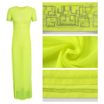 Women's Sexy See Thur Long Maxi Summer Dresses Plus Size Casual Loose Round Neck Short Sleeve Beach Coverups Split Side Stretchy Sheer Mesh Swimsuit for Club Fluo Yellow