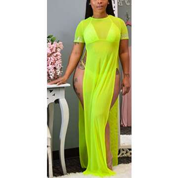 Women's Sexy See Thur Long Maxi Summer Dresses Plus Size Casual Loose Round Neck Short Sleeve Beach Coverups Split Side Stretchy Sheer Mesh Swimsuit for Club Fluo Yellow