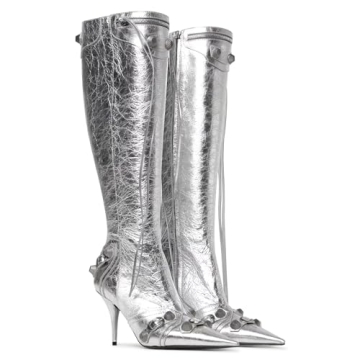 VOMIRA Knee High Boots for Women Stiletto Boots Pointed Toe High Heels Rivets Tassels Boots Fashion ...