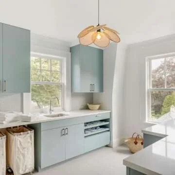 ELYCCUPA 20” Boho Hand Woven Rattan Pendant Light with Six Leaf Shade 1-Light Adjustable Coastal Mini Chandelier for Dining Room Kitchen Island Hallway Farmhouse, UL Listed