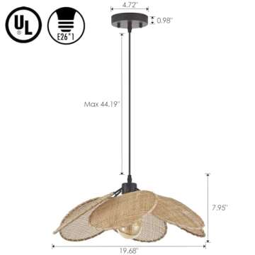 ELYCCUPA 20” Boho Hand Woven Rattan Pendant Light with Six Leaf Shade 1-Light Adjustable Coastal Mini Chandelier for Dining Room Kitchen Island Hallway Farmhouse, UL Listed