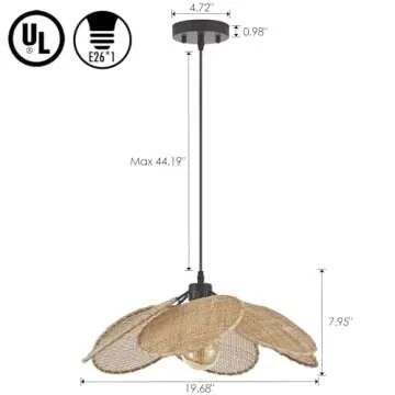 ELYCCUPA 20” Boho Hand Woven Rattan Pendant Light with Six Leaf Shade 1-Light Adjustable Coastal Mini Chandelier for Dining Room Kitchen Island Hallway Farmhouse, UL Listed