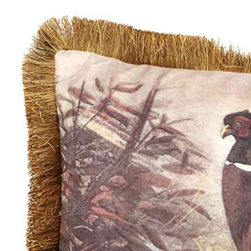 Creative Co-Op Lumbar Fringe & Pheasant Fabric Pillow, Brown