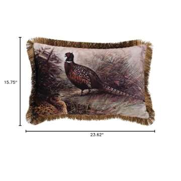 Creative Co-Op Lumbar Fringe & Pheasant Fabric Pillow, Brown