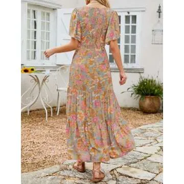 ZESICA Women's 2024 Summer Casual Floral Print Short Flutter Sleeve Crew Neck Smocked High Waist Flowy Maxi Dress,GreyGreen,Large